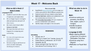 Week 17: Welcome Back